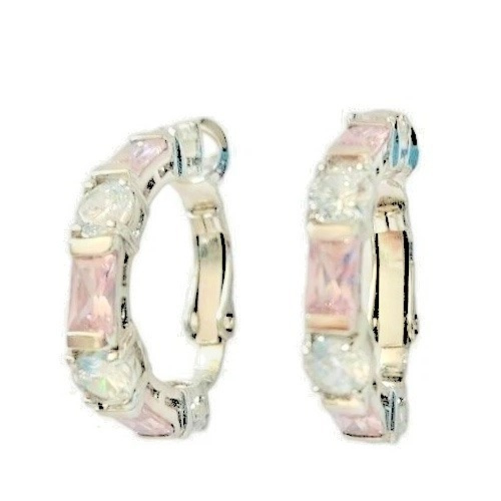 FAS 925 Sterling Silver CZ Huggies Hoops Earrings Lilac Baguette Art Deco Gift